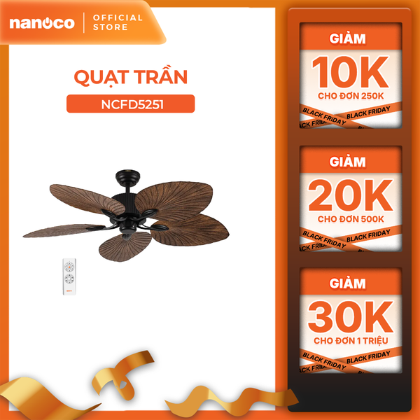 Quạt trần trang trí vân gỗ 5 cánh động cơ DC có remote Nanoco model NCFD5251 công suất 35W