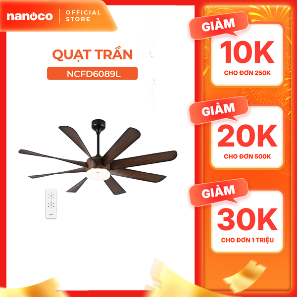Quạt trần trang trí vân gỗ 8 cánh động cơ DC có remote Nanoco model NCFD6089L công suất 65W