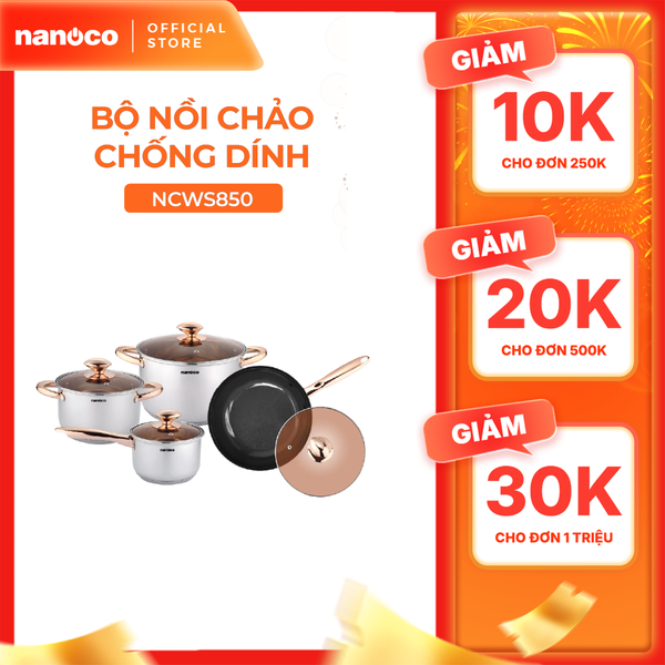 Bộ nồi chảo 4 món inox 304 Nanoco model NCWS850