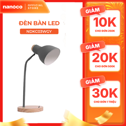 Đèn bàn E27 Nanoco đế gỗ model NDKC03 (không bóng) + tặng kèm 1 bóng Led bulb đui E27- 5W