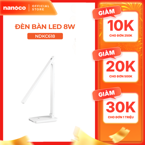 Đèn bàn LED Nanoco model NDKC618 (8W, màu trắng, nhiệt độ màu ánh sáng tùy chỉnh, có pin)