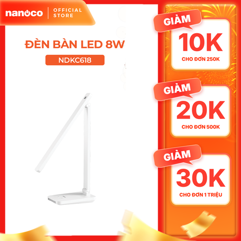 Đèn bàn LED Nanoco model NDKC618 (8W, màu trắng, nhiệt độ màu ánh sáng tùy chỉnh, có pin)