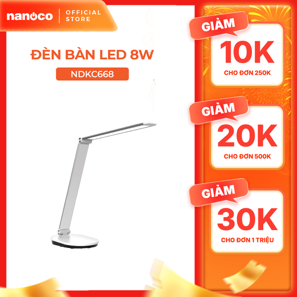 Đèn bàn LED Nanoco model NDKC668 (8W, nhôm trắng bạc, nhiệt độ màu ánh sáng tùy chỉnh)
