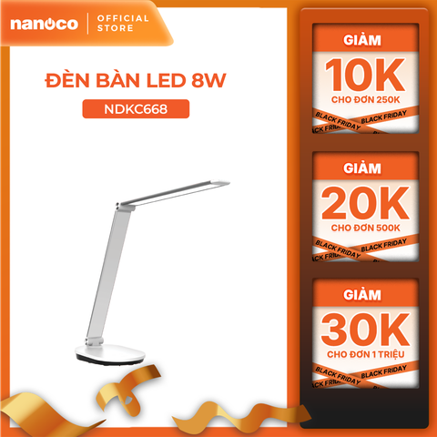 Đèn bàn LED Nanoco model NDKC668 (8W, nhôm trắng bạc, nhiệt độ màu ánh sáng tùy chỉnh)