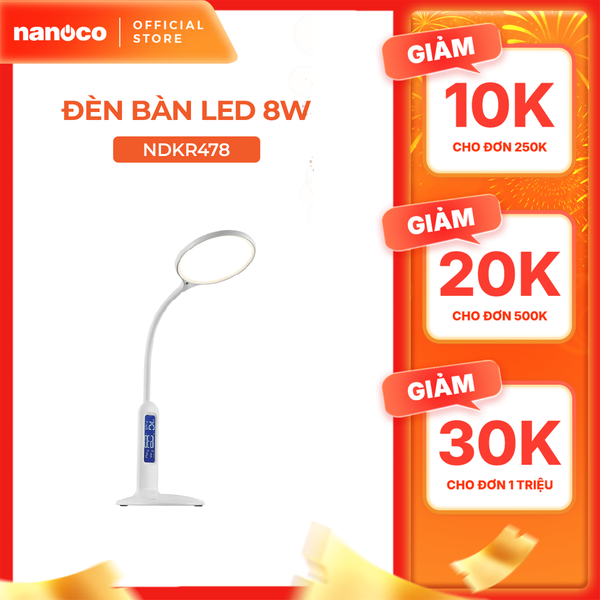 Đèn bàn LED Nanoco model NDKR478 (8W, màu trắng, nhiệt độ màu ánh sáng tùy chỉnh, có đồng hồ)