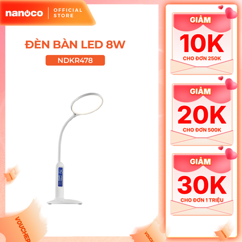 Đèn bàn LED Nanoco model NDKR478 (8W, màu trắng, nhiệt độ màu ánh sáng tùy chỉnh, có đồng hồ)
