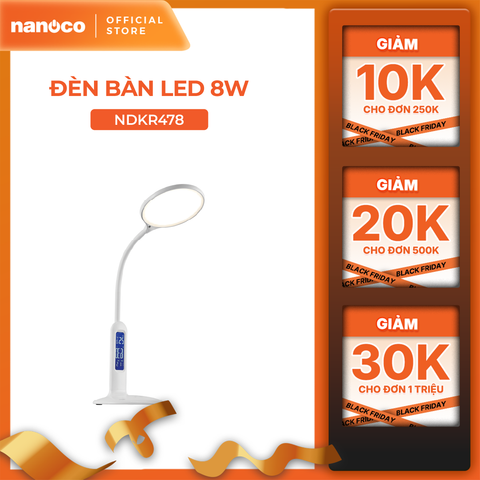 Đèn bàn LED Nanoco model NDKR478 (8W, màu trắng, nhiệt độ màu ánh sáng tùy chỉnh, có đồng hồ)