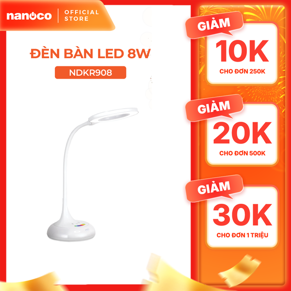 Đèn bàn LED Nanoco model NDKR908 (8W, màu trắng, nhiệt độ màu ánh sáng tùy chỉnh, đèn ngủ)