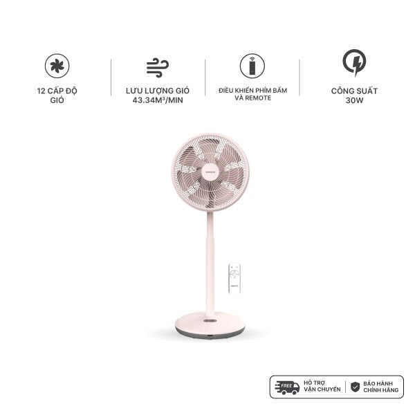 Quạt đứng động cơ BLDC có remote 14inch, 7 cánh, màu hồng/trắng Nanoco model NEF1499