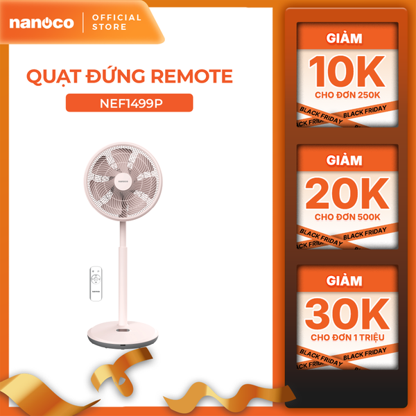 Quạt đứng động cơ BLDC có remote 14inch, 7 cánh, màu hồng/trắng Nanoco model NEF1499