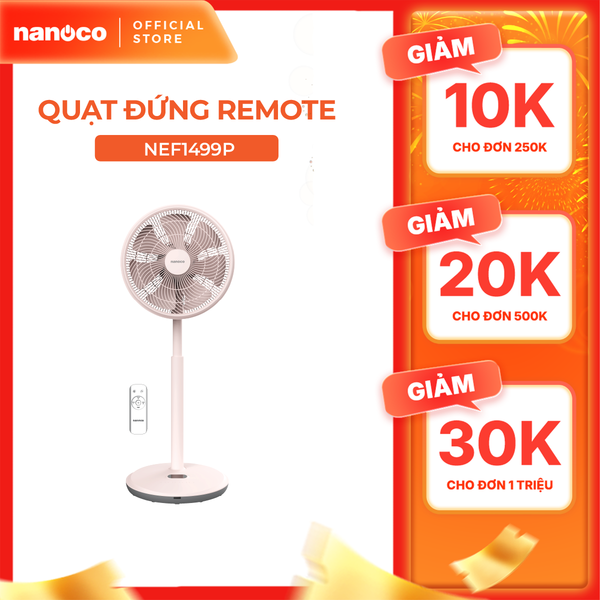 Quạt đứng động cơ BLDC có remote 14inch, 7 cánh, màu hồng/trắng Nanoco model NEF1499