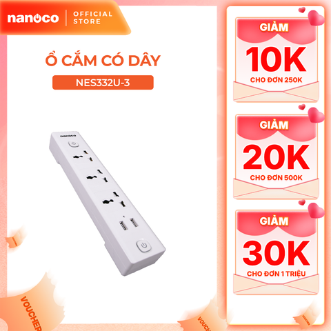 Ổ cắm có dây Nanoco model NES332U (3 ổ đa năng, 2 USB, 2 công tắc, dây điện 3m và 5m)