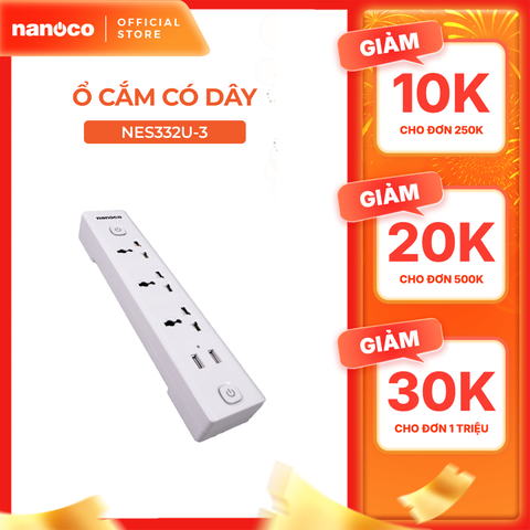 Ổ cắm có dây Nanoco model NES332U (3 ổ đa năng, 2 USB, 2 công tắc, dây điện 3m và 5m)