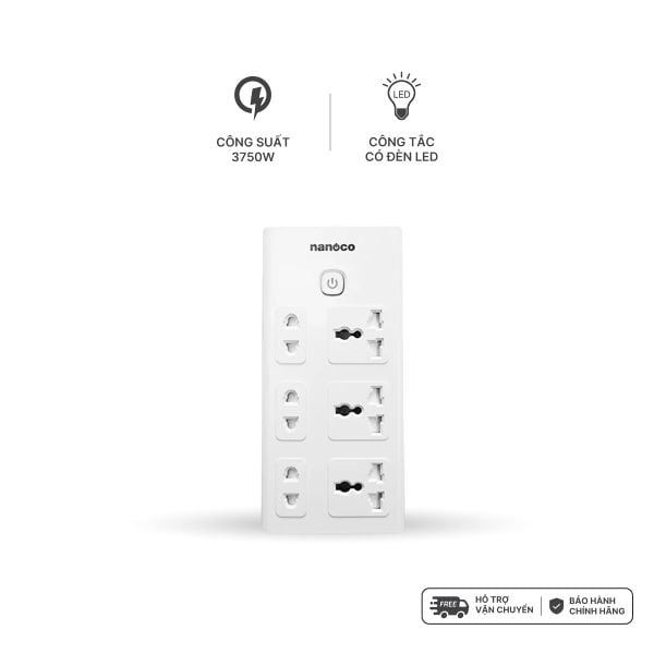 Ổ cắm có dây Nanoco model NES3332 (3 ổ đa năng,3 ổ 2 chấu, 1 công tắc, dây điện 3m và 5m)