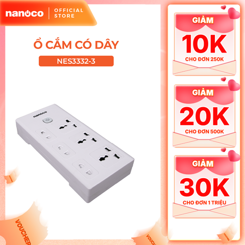 Ổ cắm có dây Nanoco model NES3332 (3 ổ đa năng,3 ổ 2 chấu, 1 công tắc, dây điện 3m và 5m)