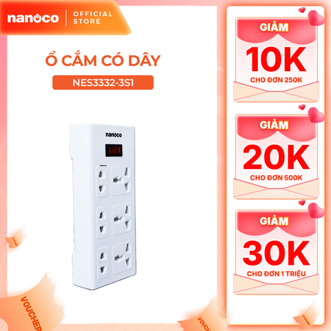 Ổ cắm có dây Nanoco model NES3332-S1 (3 ổ đa năng, 3 ổ 2 chấu, 1 công tắc, dây điện 3m và 5m)