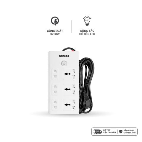 Ổ cắm có dây Nanoco model NES3332 (3 ổ đa năng,3 ổ 2 chấu, 1 công tắc, dây điện 3m và 5m)