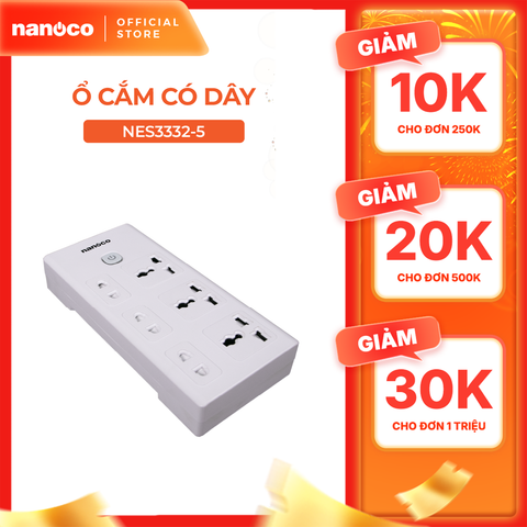Ổ cắm có dây Nanoco model NES3332 (3 ổ đa năng,3 ổ 2 chấu, 1 công tắc, dây điện 3m và 5m)
