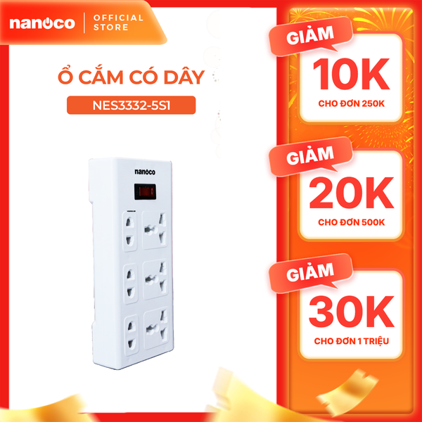 Ổ cắm có dây Nanoco model NES3332-S1 (3 ổ đa năng, 3 ổ 2 chấu, 1 công tắc, dây điện 3m và 5m)