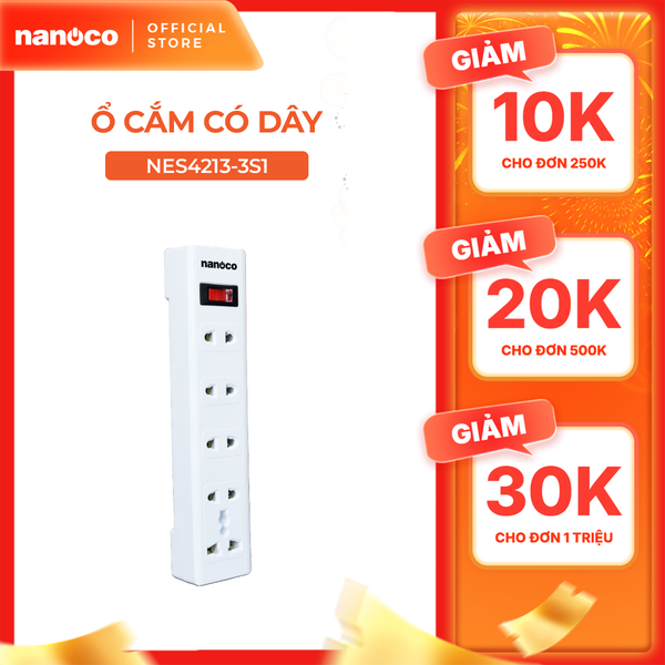 Ổ cắm có dây Nanoco model NES4213-S1 (1 ổ đa năng, 4 ổ 2 chấu, 1 công tắc, dây điện 3m và 5m)