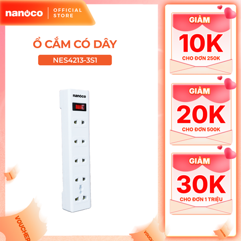 Ổ cắm có dây Nanoco model NES4213-S1 (1 ổ đa năng, 4 ổ 2 chấu, 1 công tắc, dây điện 3m và 5m)