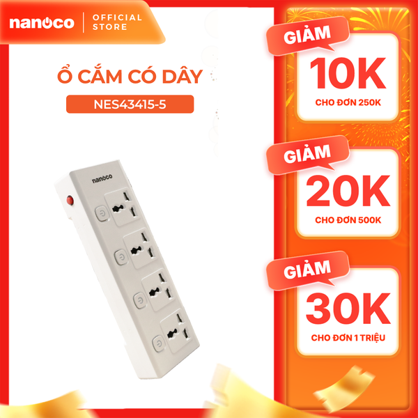 Ổ cắm có dây Nanoco model NES43415 (4 ổ đa năng, 4 công tắc, dây điện 3m và 5m)