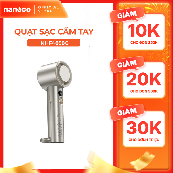 Quạt sạc cầm tay màu vàng đồng có sò lạnh động cơ DC Nanoco model NHF4858G pin lithium 4800mAh công suất 7.3W