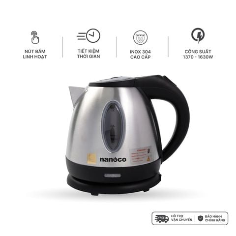 Bình đun siêu tốc inox 304 Nanoco model NKT1216 dung tích 1.2 lít (có đèn báo sôi, nút bấm linh hoạt)