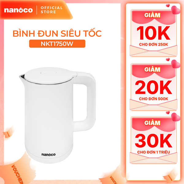 Bình đun siêu tốc inox 304 Nanoco model NKT1750 dung tích 1.7 lít (đèn LED báo sôi, giữ ấm sau khi sôi)