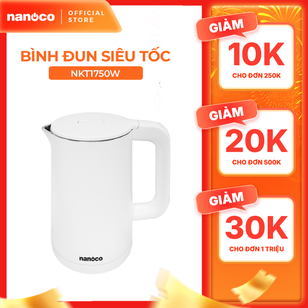Bình đun siêu tốc inox 304 Nanoco model NKT1750 dung tích 1.7 lít (đèn LED báo sôi, giữ ấm sau khi sôi)