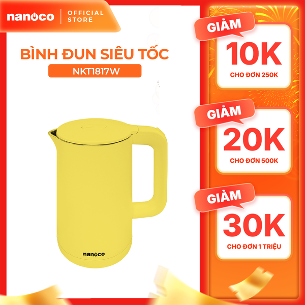 Bình đun siêu tốc inox 304 Nanoco model NKT1750 dung tích 1.7 lít (đèn LED báo sôi, giữ ấm sau khi sôi)