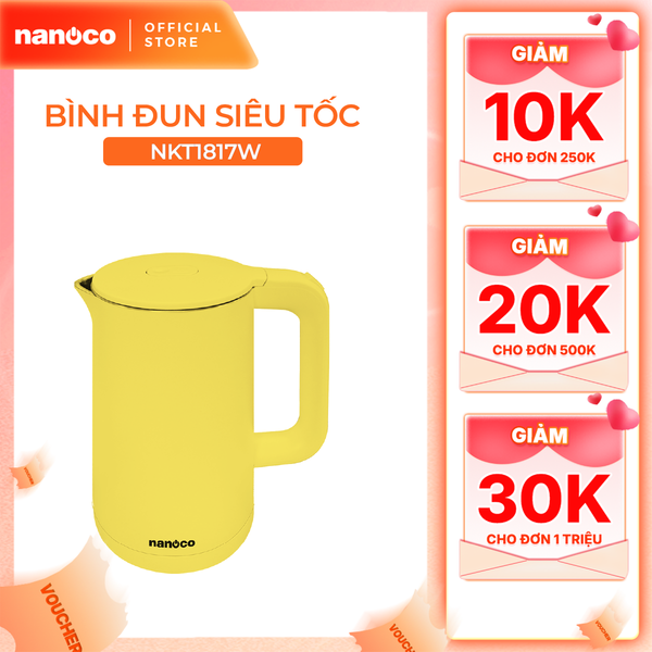 Bình đun siêu tốc inox 304 Nanoco model NKT1750 dung tích 1.7 lít (đèn LED báo sôi, giữ ấm sau khi sôi)