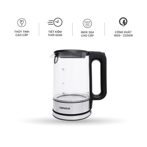 Bình đun siêu tốc thủy tinh cao cấp Nanoco model NKT1790 dung tích 1.7 lít (có bộ lọc chóng cặn linh hoạt tháo rời)