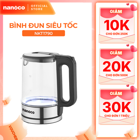 Bình đun siêu tốc thủy tinh cao cấp Nanoco model NKT1790 dung tích 1.7 lít (có bộ lọc chóng cặn linh hoạt tháo rời)