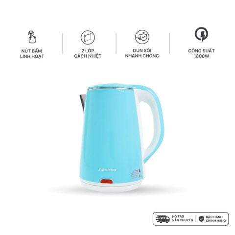 Bình đun siêu tốc inox Nanoco model NKT2241B (dung tích 2.2 lít, màu xanh)