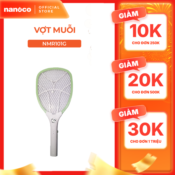 Vợt muỗi Nanoco màu xanh lá model NMR101G (pin lithium 14500h - 220V, có đèn LED chiếu sáng, chất liệu nhựa PP)
