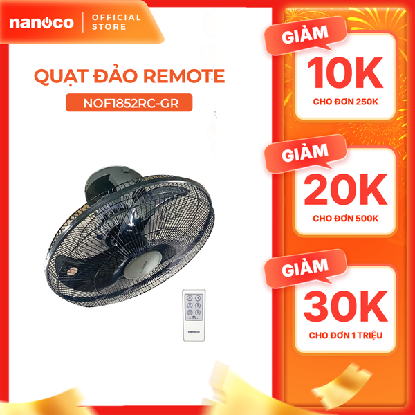 Quạt đảo bạc đạn công suất 65W Nanoco model NOF185**GR màu ghi, đường kính cánh 45cm