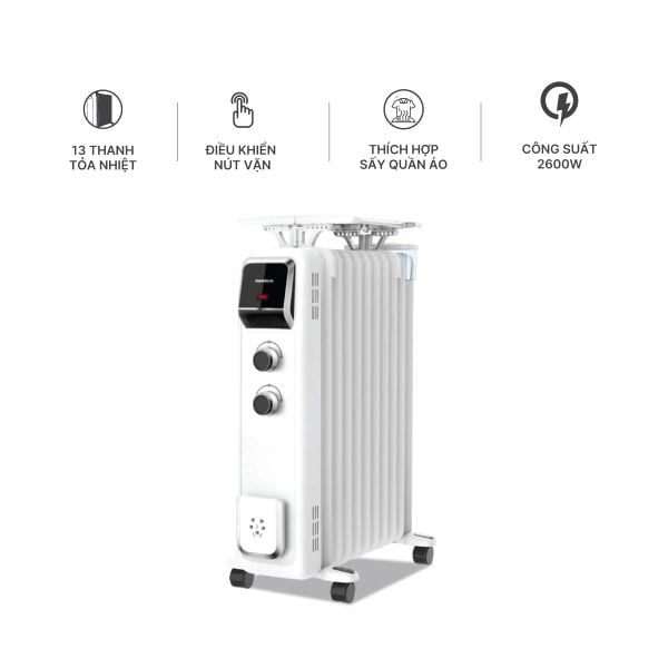 Máy sưởi dầu Nanoco NOH2613 - Công suất 2600W, 13 thanh nhiệt, 3 mức nhiệt, nút vặn, sấy quần áo, hộp tinh dầu