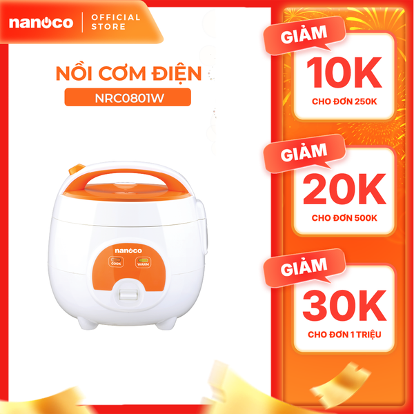 Nồi cơm điện 0.8L Nanoco model NRC0801W màu trắng-cam, nút cơ công suất 250W