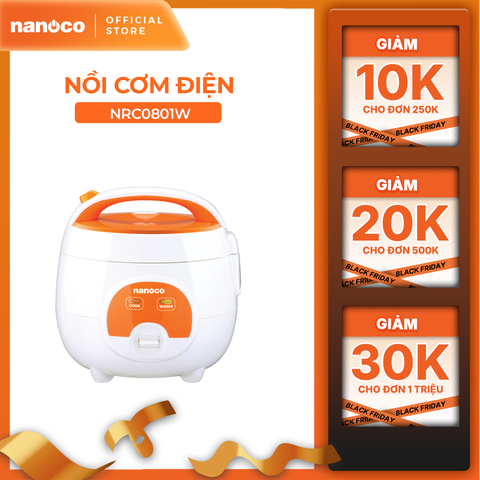 Nồi cơm điện 0.8L Nanoco model NRC0801W màu trắng-cam, nút cơ công suất 250W