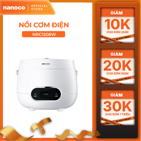 Nồi cơm điện 1.2L Nanoco model NRC1206W màu trắng, nút cơ, công suất 500W