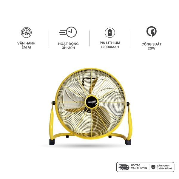 QUẠT SẠC SÀN NANOCO MODEL NRF1230L / NRF1640L - ĐỘNG CƠ BLDC, 12 VÀ 16 INCH, CÔNG SUẤT 20W - 29W