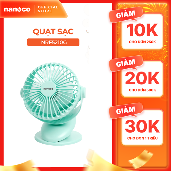 Quạt sạc kẹp 5inch Nanoco Model NRF5210G, màu xanh, sạc từ 3 giờ dùng đến 8 giờ