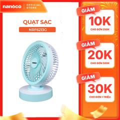 Quạt sạc 6inch Nanoco model NRF6213, có xoay, màu xanh, màu hồng, dùng tối đa 7.5 giờ