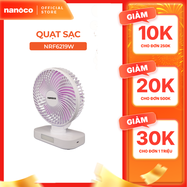 Quạt sạc Nanoco model NRF6219W màu trắng, 6inch, có xoay, có đèn
