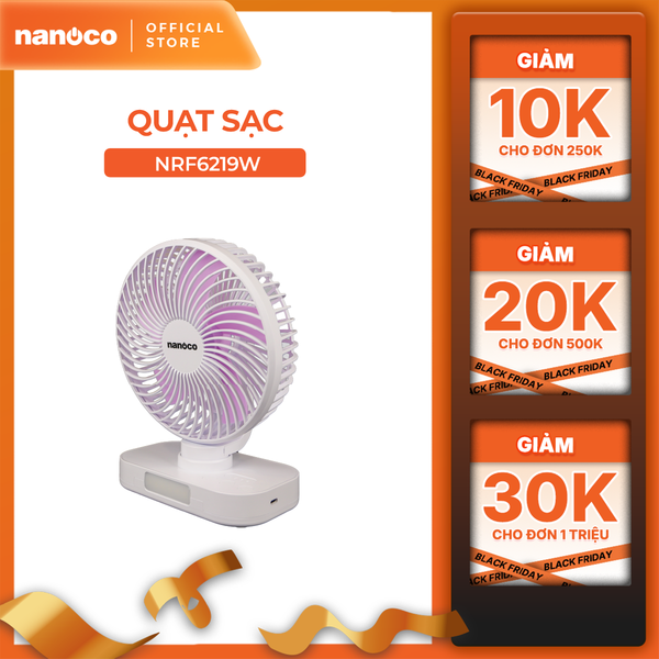 Quạt sạc Nanoco model NRF6219W màu trắng, 6inch, có xoay, có đèn