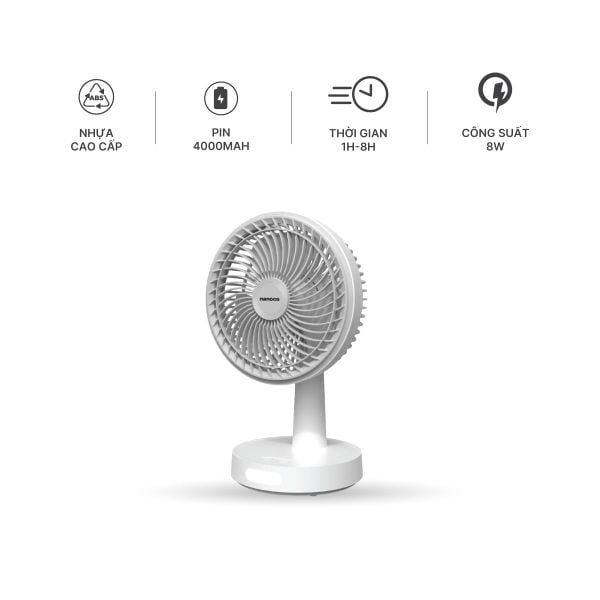 Quạt sạc 8inch Nanoco model NRF6536W, có xoay, có đèn, màu trắng, dùng tối đa 8 giờ
