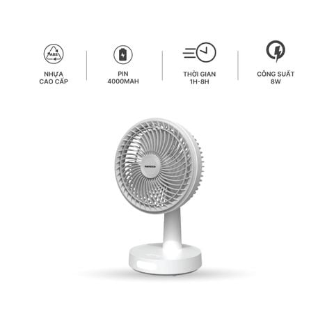 Quạt sạc 8inch Nanoco model NRF6536W, có xoay, có đèn, màu trắng, dùng tối đa 8 giờ
