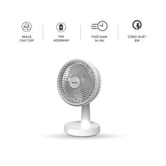 Quạt sạc 8inch Nanoco model NRF6536W, có xoay, có đèn, màu trắng, dùng tối đa 8 giờ