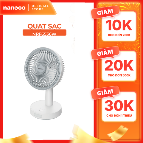 Quạt sạc 8inch Nanoco model NRF6536W, có xoay, có đèn, màu trắng, dùng tối đa 8 giờ